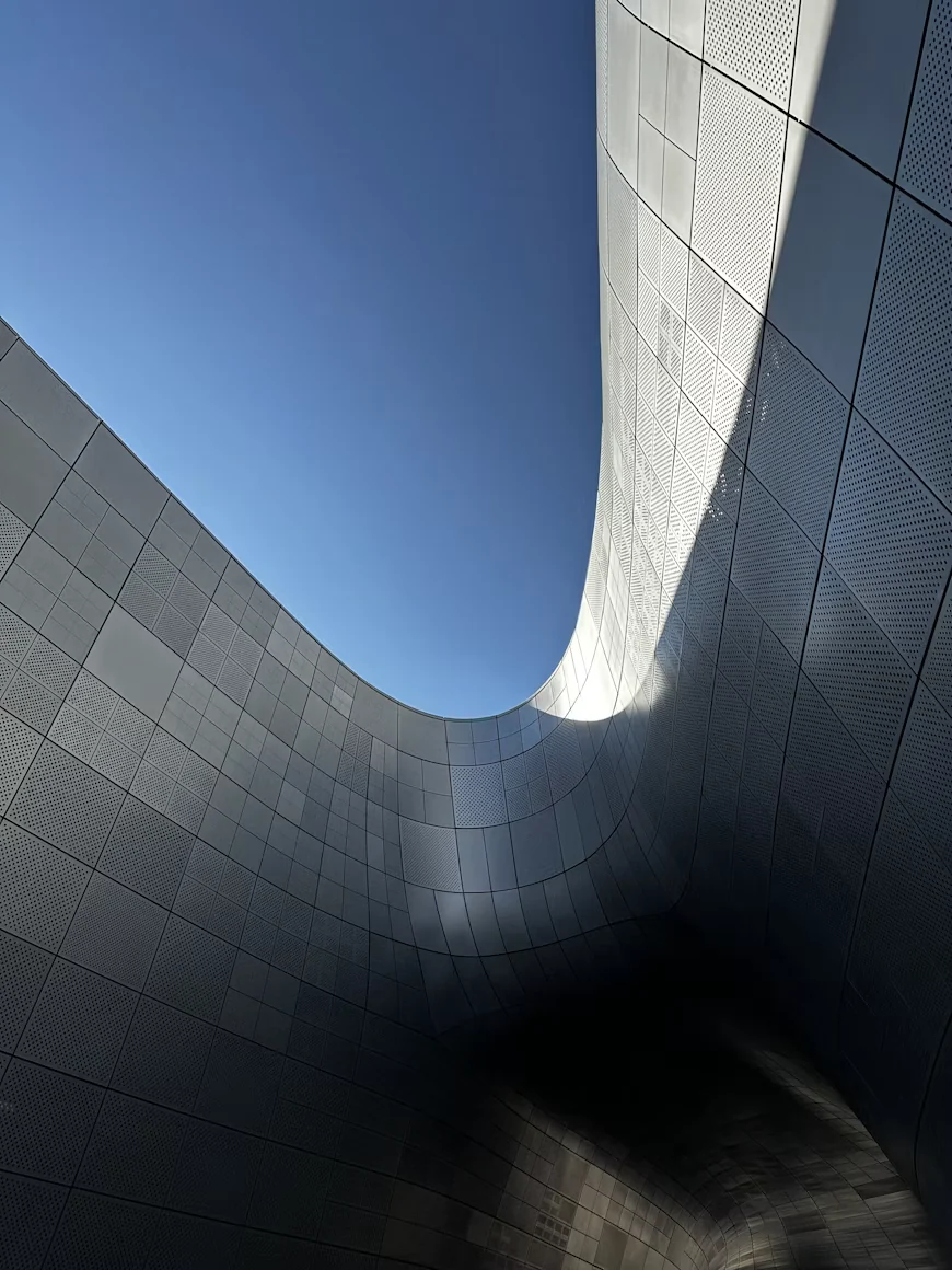 A curved metal facade rises towards an open sky, light and shadow across its panels.
