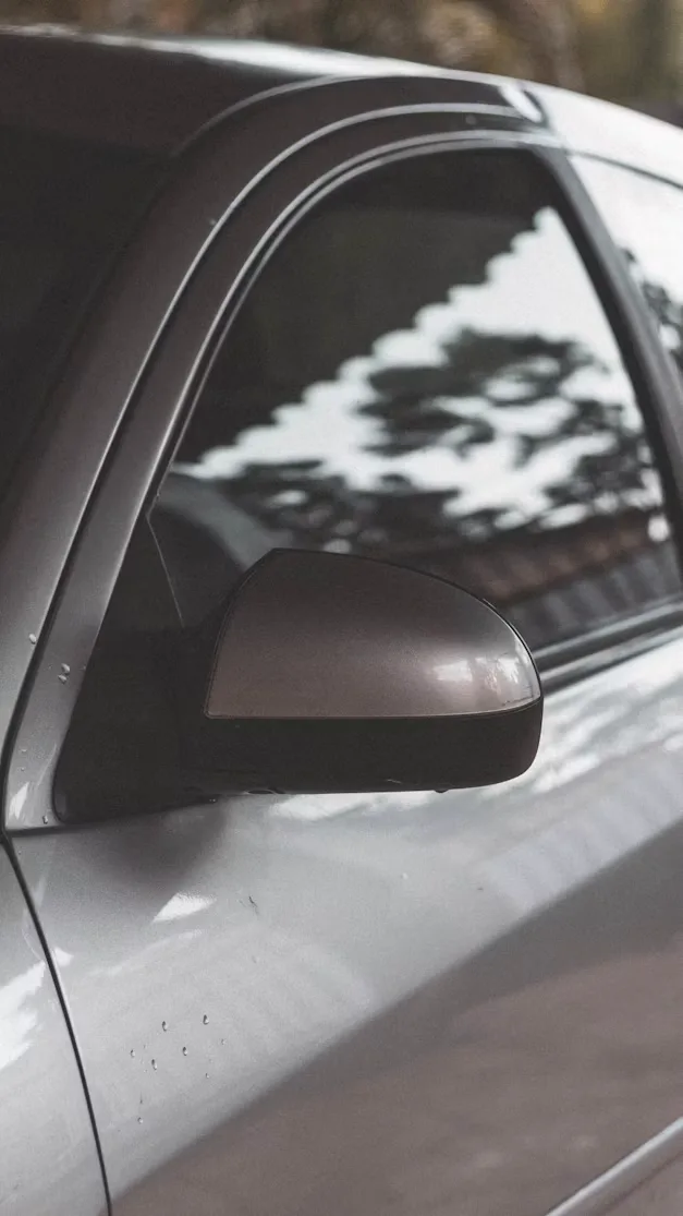 The side mirror of a dark vehicle.